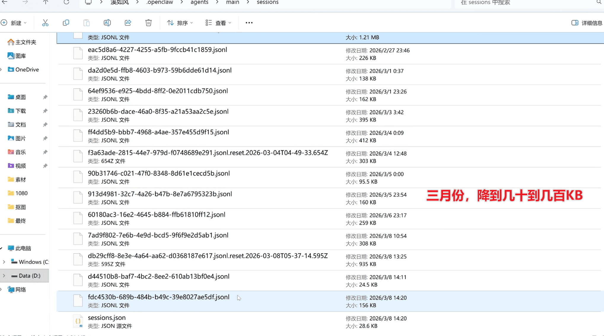 优化后会话文件大小对比：3月份会话文件降至几十到几百KB