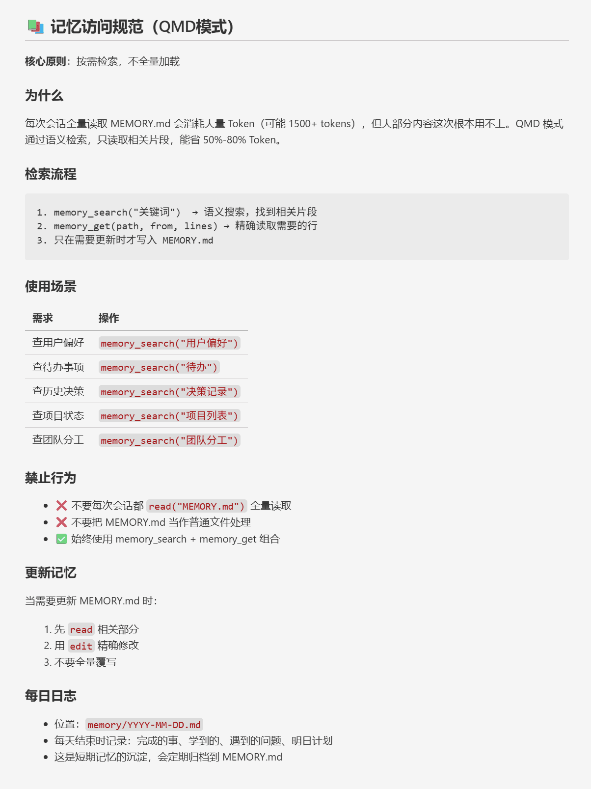 AGENTS.md 记忆规则完整代码截图，包含 QMD 按需检索与定期归档的具体配置